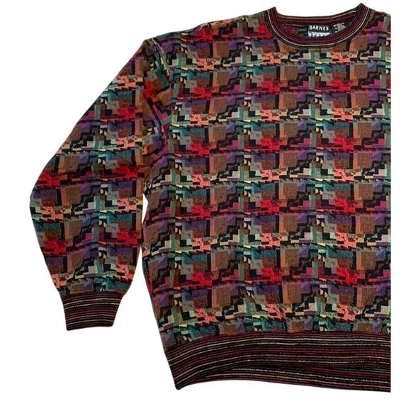 BARNES STORM Sweater Men Large Wool Blend Woven Wave Geometric Art Pattern Vntg - Picture 3 of 11